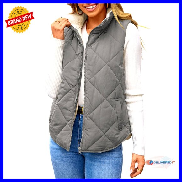 Sleeveless Fleece Jacket Quilted Puffer Vest Zip Up Pockets Winter Warm Coat